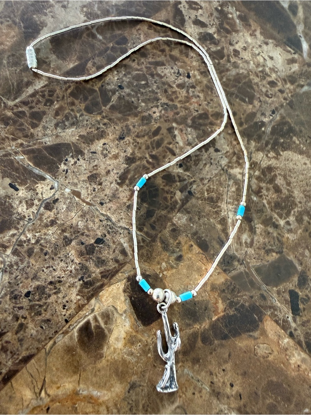 Sterling Silver Saguaro Cactus Pendant Necklace with Turquoise Beads #4